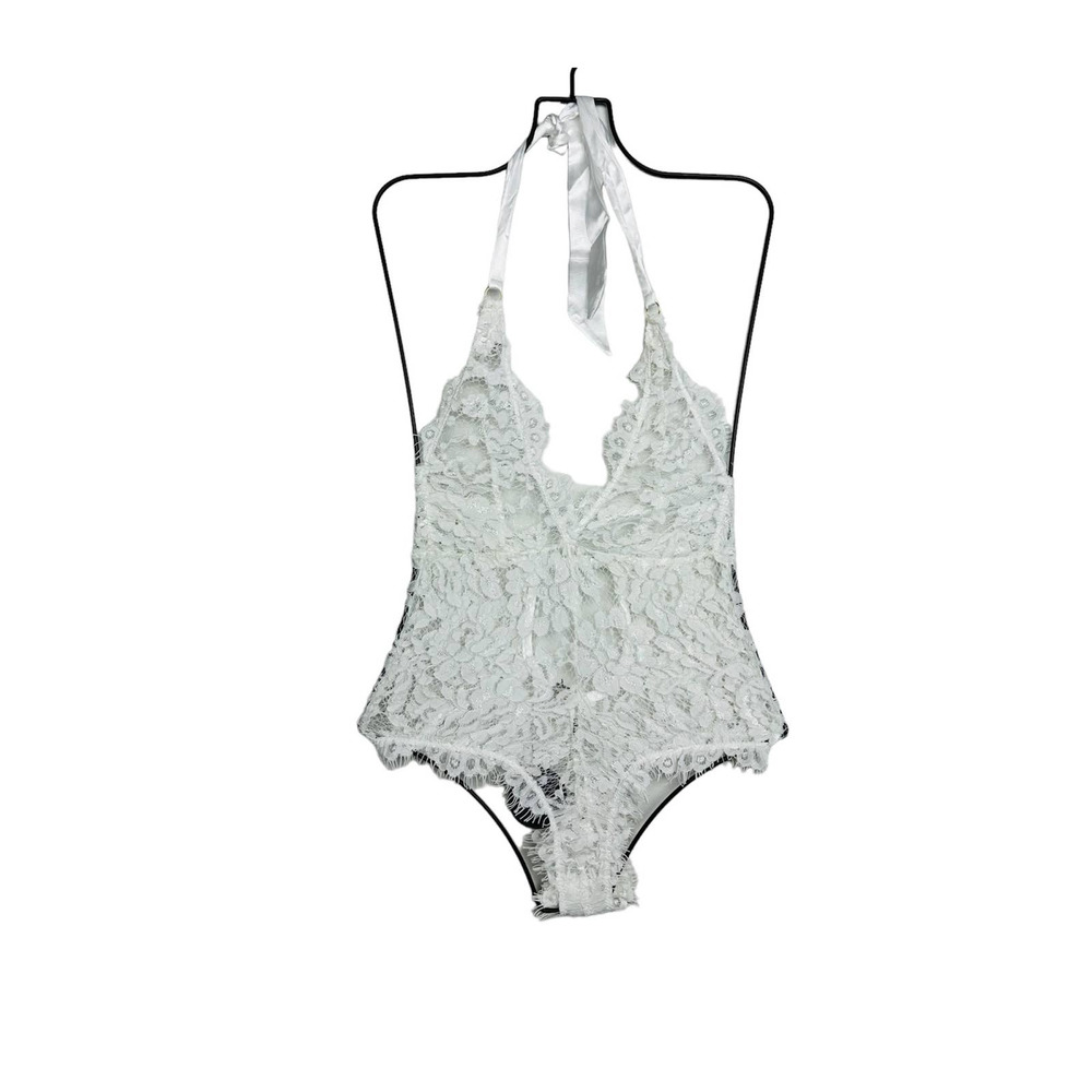 Lulus NWT Unforgettable Romance Sheer Lace Halter Thong Bodysuit White Size XS - Picture 2 of 11
